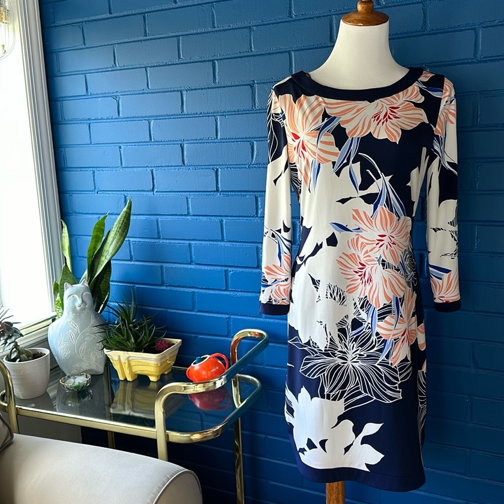 Vince camuto blue floral printed shift dress size 4